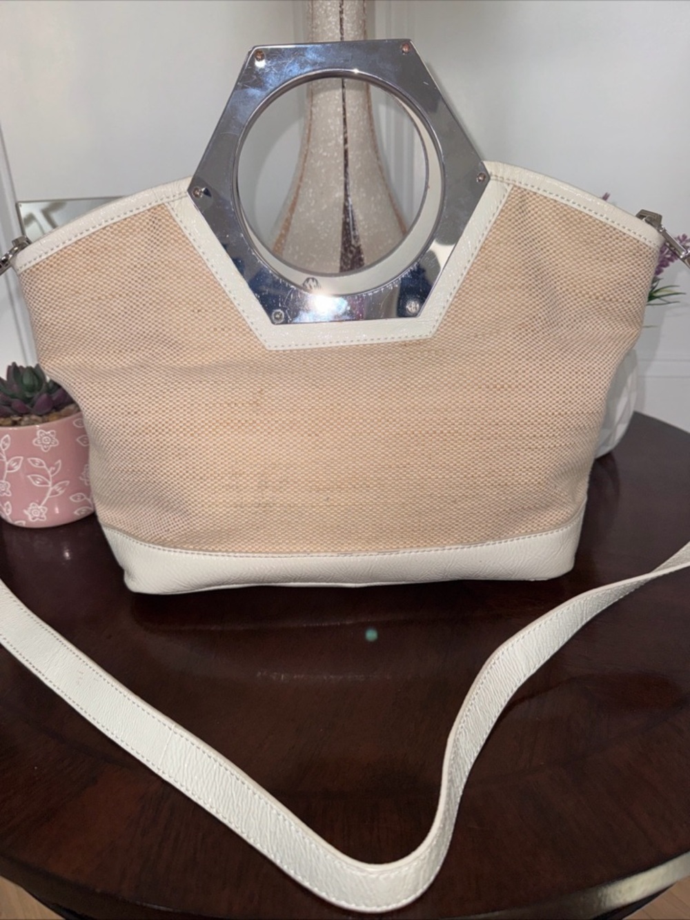 Rare Jonathan Adler MCM Handbag Purse Natural Med Hex Tote Goldie Silver  $398